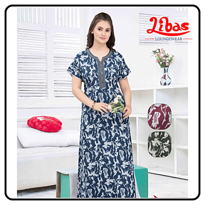 Compass Blue Premium Soft Cotton Nighty with Floral Design From Libas Loungewear-AL1012