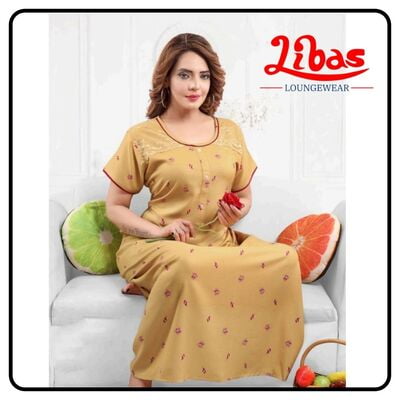 Light mustard alphine nighty with maroon floral prints all over from libas loungewear-AL117