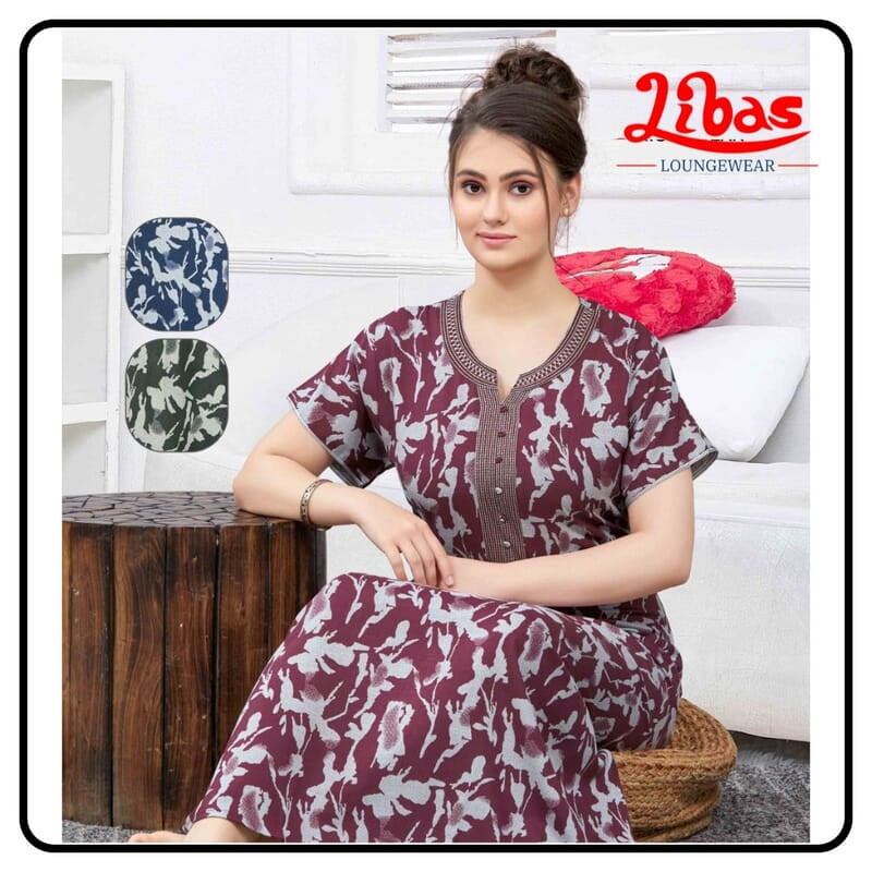Classic Berry Premium Soft Cotton Nighty with Floral Design From Libas Loungewear-AL1009 Classic Berry Premium Soft Cotton Nighty with Floral Design From Libas Loungewear-AL1009