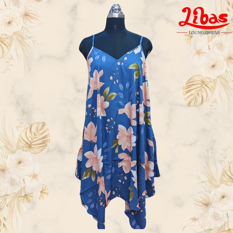 Bluish Soft Cotton Short Nighty With Floral Print All Over From Libas Loungewear - SHN073 Bluish Soft Cotton Short Nighty With Floral Print All Over From Libas Loungewear - SHN073