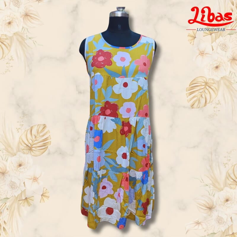 Lemon Yellow Soft Cotton Short Nighty With Floral Print All Over From Libas Loungewear - SHN077 Lemon Yellow Soft Cotton Short Nighty With Floral Print All Over From Libas Loungewear - SHN077