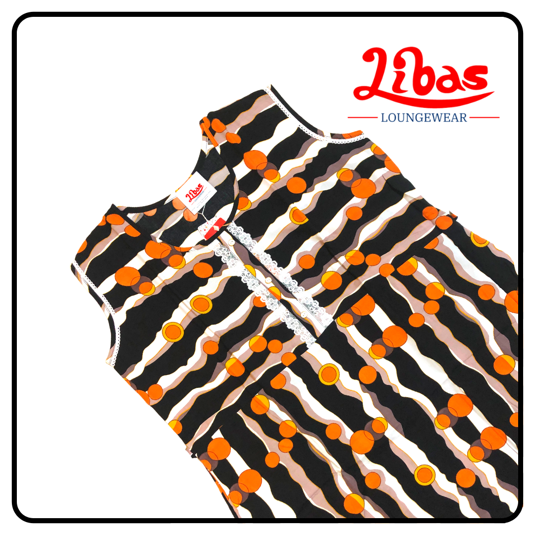 Orange white & black striped geometric printed rayon sleeveless nighty from libas loungewear-SL028