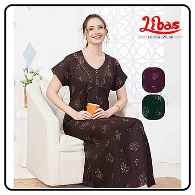 Dark Brown Premium Soft Cotton Pleated Nighty With Floral Prints & Button Closure All Over From Libas Loungewear - PLT269