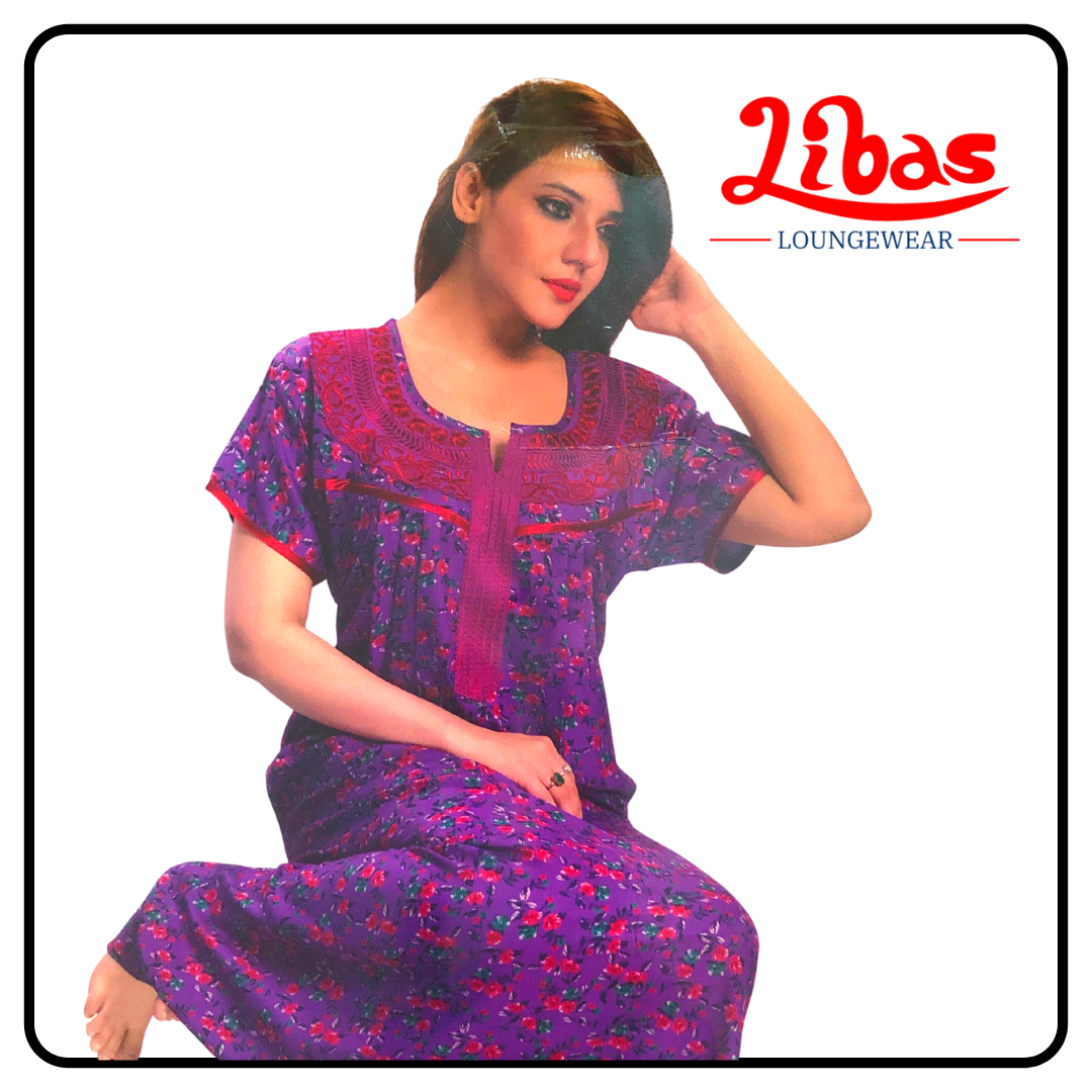 Magenta alphine pleated nighty in floral prints & embroidery work from libas loungewear-PLT021 Magenta alphine pleated nighty in floral prints & embroidery work from libas loungewear-PLT021