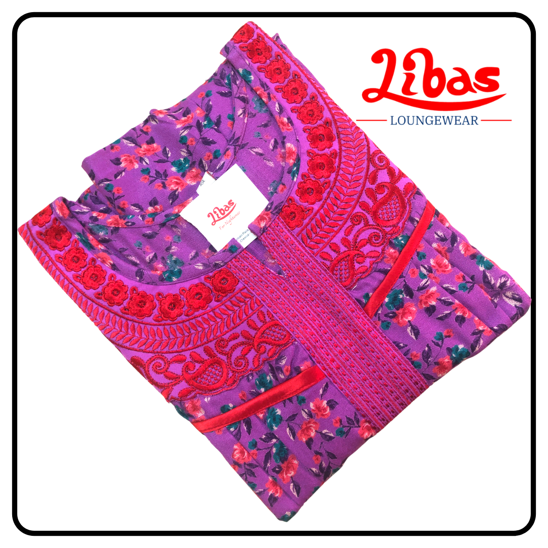 Magenta alphine pleated nighty in floral prints & embroidery work from libas loungewear-PLT021 Magenta alphine pleated nighty in floral prints & embroidery work from libas loungewear-PLT021