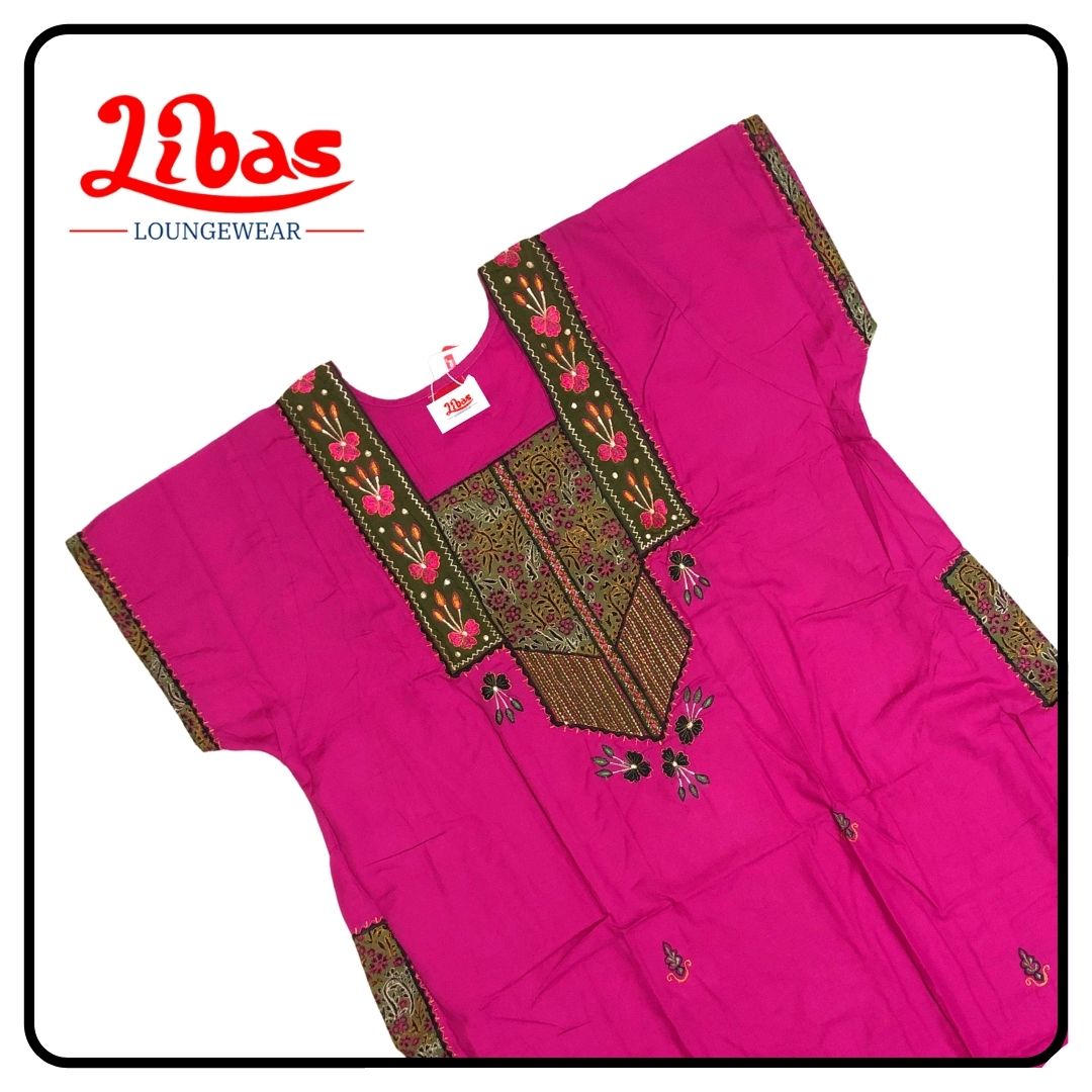 Plain dark pink bizilizi nighty with heavy embroidery work from libas loungewear-PS283
