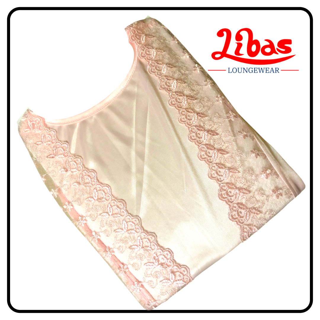 Plain rose white three piece fancy nighty with net & lace work from libas loungewear-FCN023