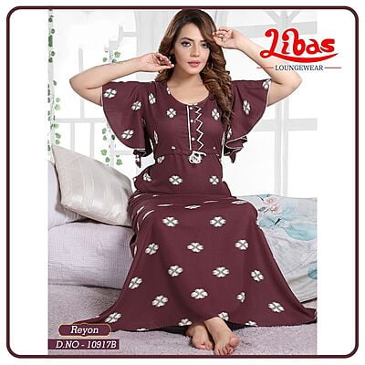 Black Rose Premium Rayon Nighty With Fashionable Sleeves & Knot Style From Libas Loungewear- AL700