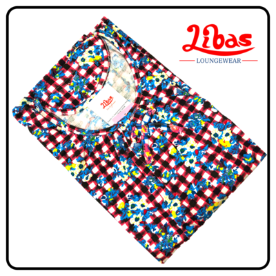 Red & Blue checked floral printed hosiery cotton sleevless nighty from libas loungewear-SL023