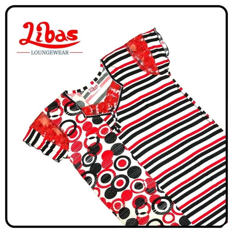 Red & black hosiery slim fit nighty with geometric prints from libas loungewear-AL216