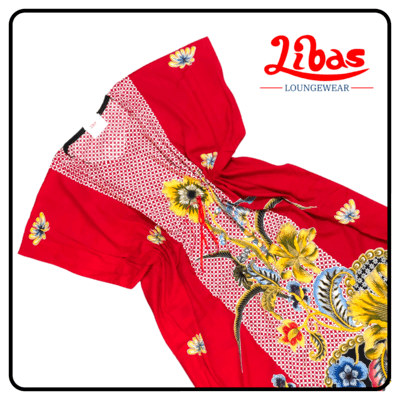 Red rayon kaftan nighty with floral prints from libas loungewear-KF053