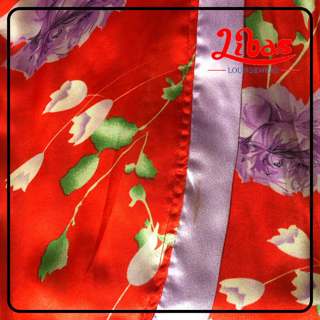Red satin 2 piece fancy nighty with light violet border & large floral prints by libas-FCN019 Red satin 2 piece fancy nighty with light violet border & large floral prints by libas-FCN019