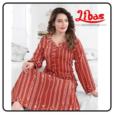 Redish orange rayon long sleeve nighty in geometric print & with button closure by libas-LSN070