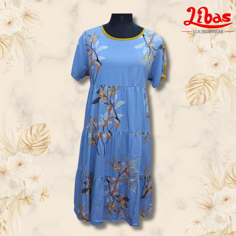 Blue Rayon Cotton Short Nighty With Floral Print All Over From Libas Loungewear - SHN067 Blue Rayon Cotton Short Nighty With Floral Print All Over From Libas Loungewear - SHN067