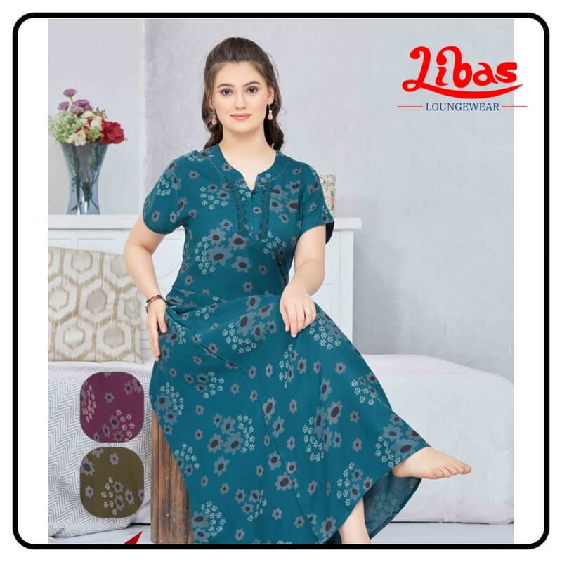 Discovery Bay Premium Spun Cotton Nighty With Floral Print From Libas Loungewear - AL1007 Discovery Bay Premium Spun Cotton Nighty With Floral Print From Libas Loungewear - AL1007