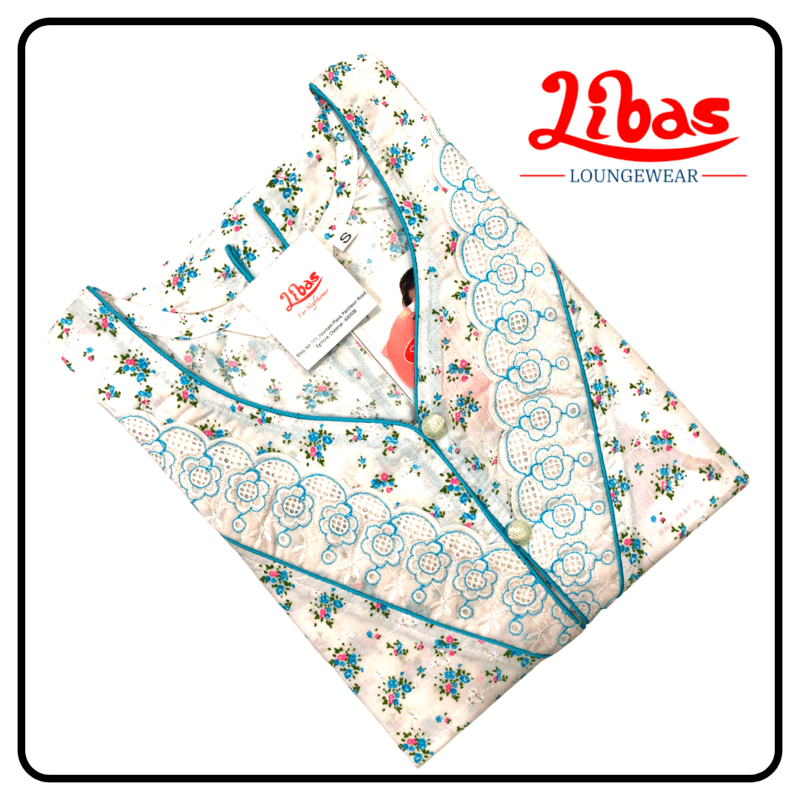 Tiny sky blue floral prints on whit based cotton sleeveless nighty from libas loungewear-SL038