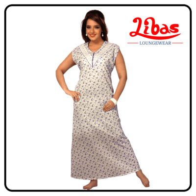 Tiny sky blue floral prints on whit based cotton sleeveless nighty from libas loungewear-SL038