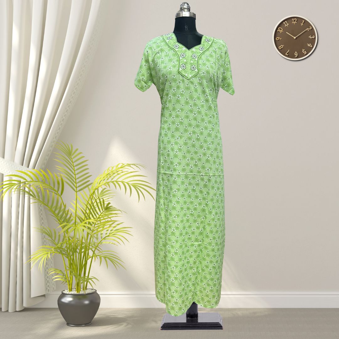 Leavy Green Soft Cotton Nighty With All Over From Libas Loungewear - AL1114 Leavy Green Soft Cotton Nighty With All Over From Libas Loungewear - AL1114