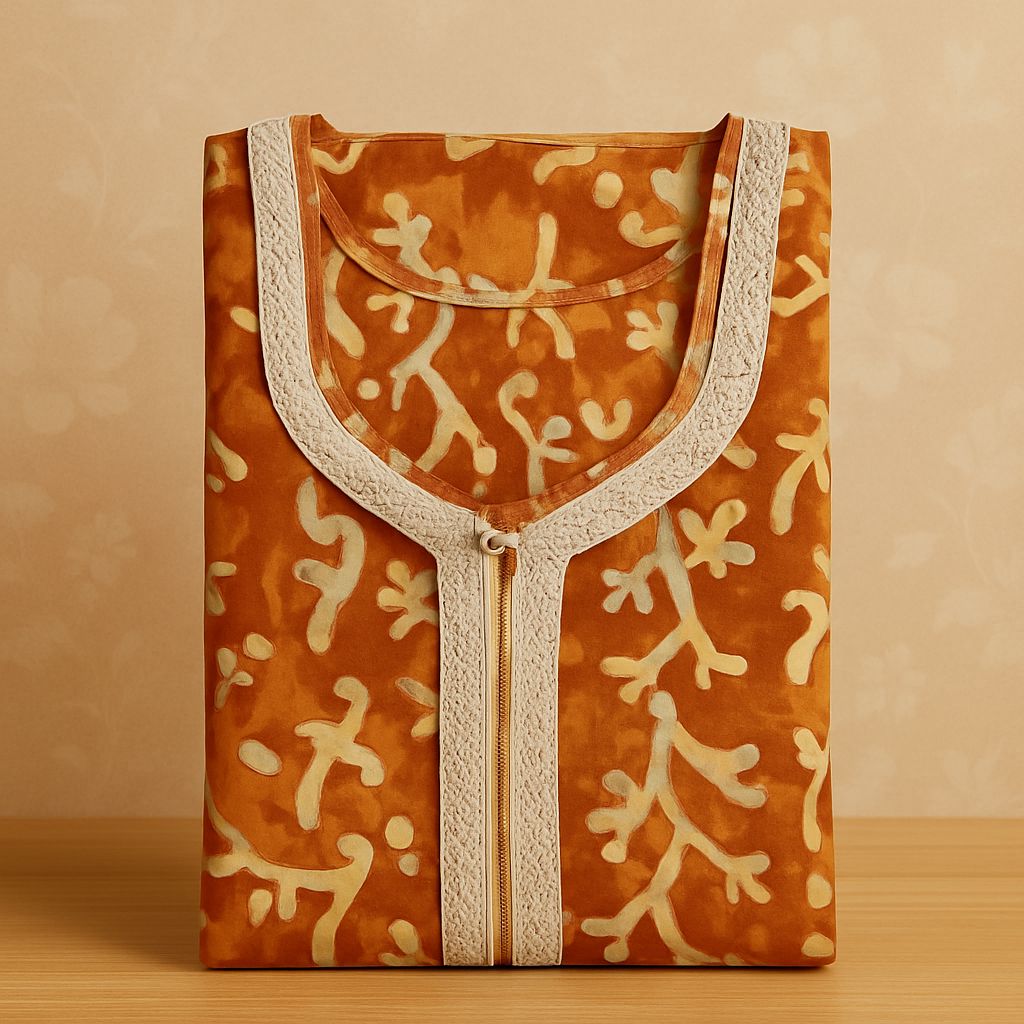 Sandy Brown Batik Cotton Nighty With All Over From Libas Loungewear - AL1097 Sandy Brown Batik Cotton Nighty With All Over From Libas Loungewear - AL1097