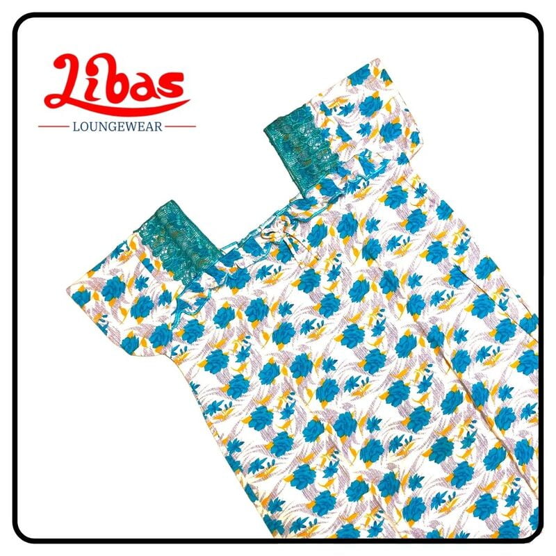 White & blue hosiery cotton nighty with floral prints all over from libas loungewear-AL215