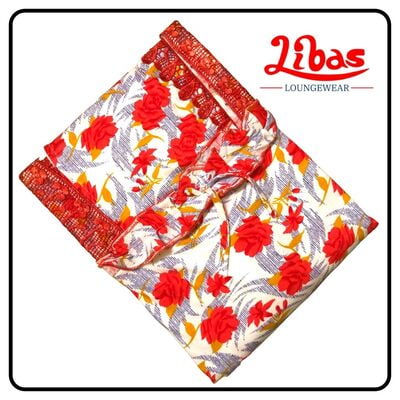 White & orange hosiery cotton nighty with floral prints all over from libas loungewear-AL214