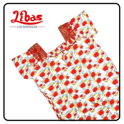 White & orange hosiery cotton nighty with floral prints all over from libas loungewear-AL214