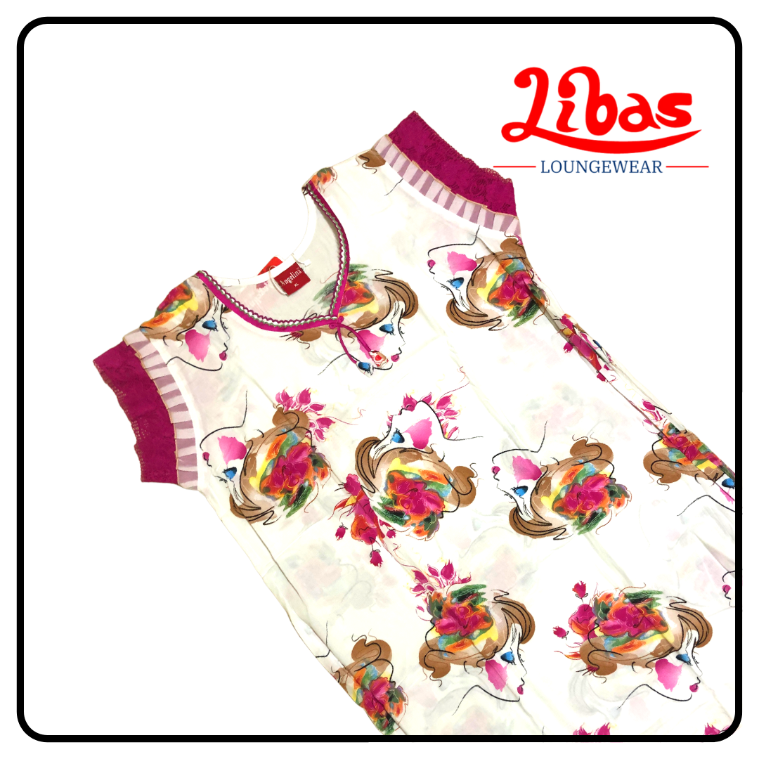 White & pink rayon sleevless nighty with large pretty geometric prints from libas loungewear-SL075