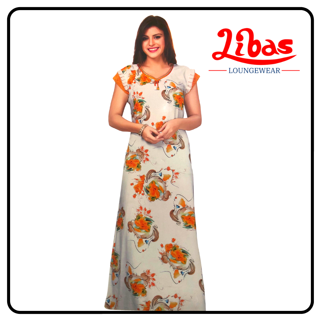 White & yellow rayon sleevless nighty with large pretty geometric prints from libas loungewear-SL078
