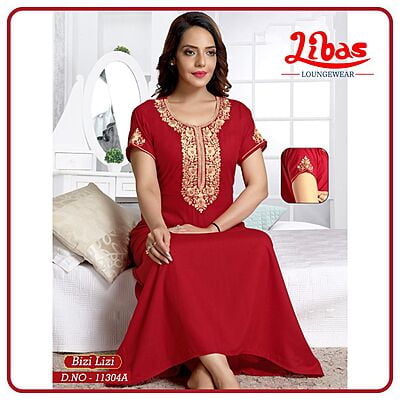 Cardinal Red Bizi Lizi Plain Embroidery Nighty From Libas Loungewear - EN139