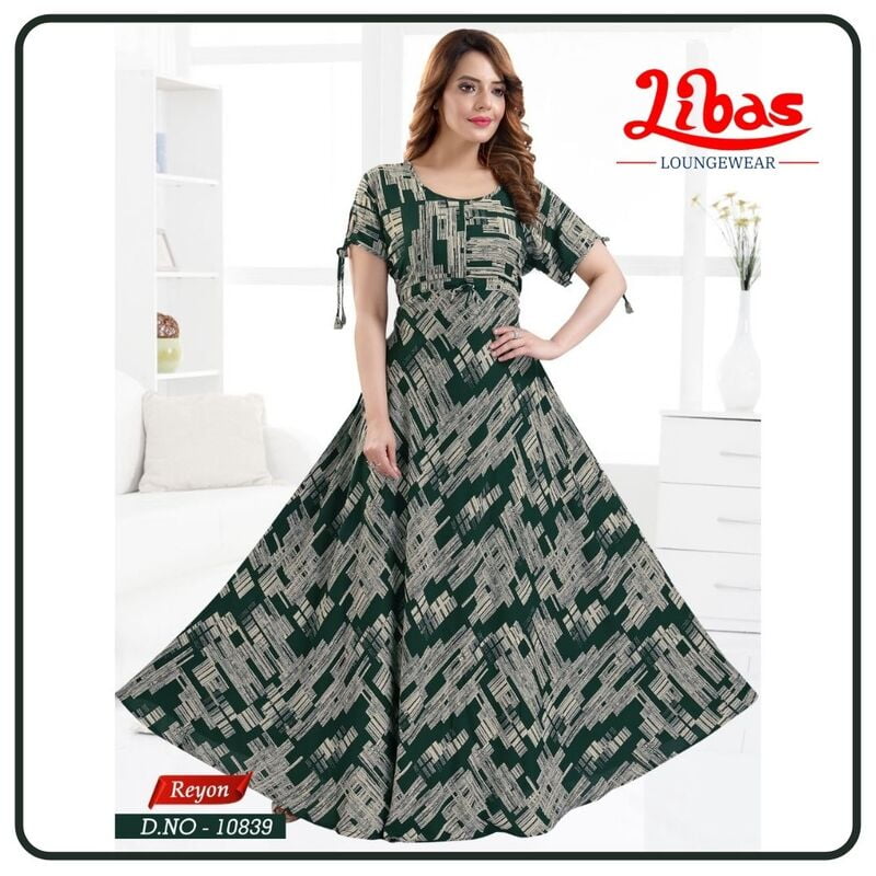 Deep Teal Premium Rayon Anarkali Gown With Geometric Print All Over From Libas Loungewear - AN045 Deep Teal Premium Rayon Anarkali Gown With Geometric Print All Over From Libas Loungewear - AN045