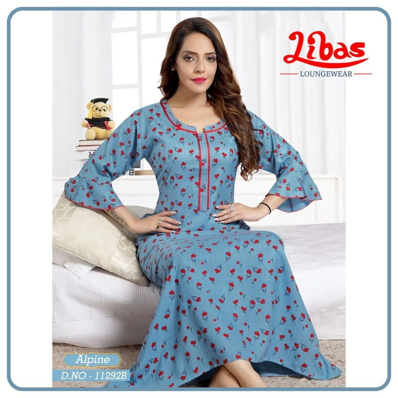 Shakespeare Blue Spun Cotton Long Sleeve Nighty With Tiny Rose Print From Libas Loungewear - LSN166