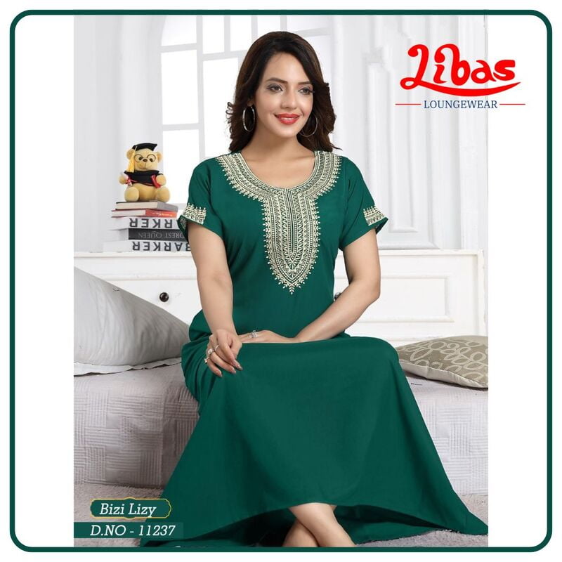 Eden Green Bizi Lizi Plain Embroidery Nighty From Libas Loungewear - EN134