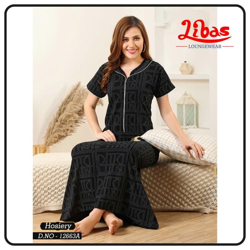 Beaver Black Hosiery Cotton Nighty With Front Zip Closure From Libas Loungewear - AL996