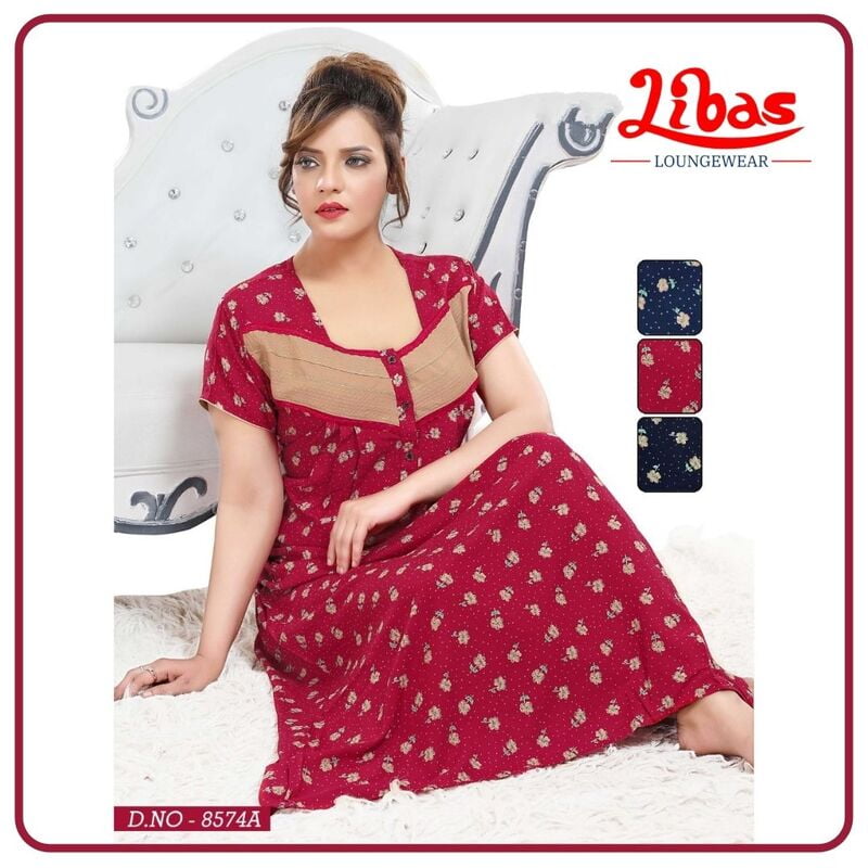 Cardinal Red Premium Rayon Pleated Nighty With Front Button Closure From Libas Loungewear - PS410 Cardinal Red Premium Rayon Pleated Nighty With Front Button Closure From Libas Loungewear - PS410
