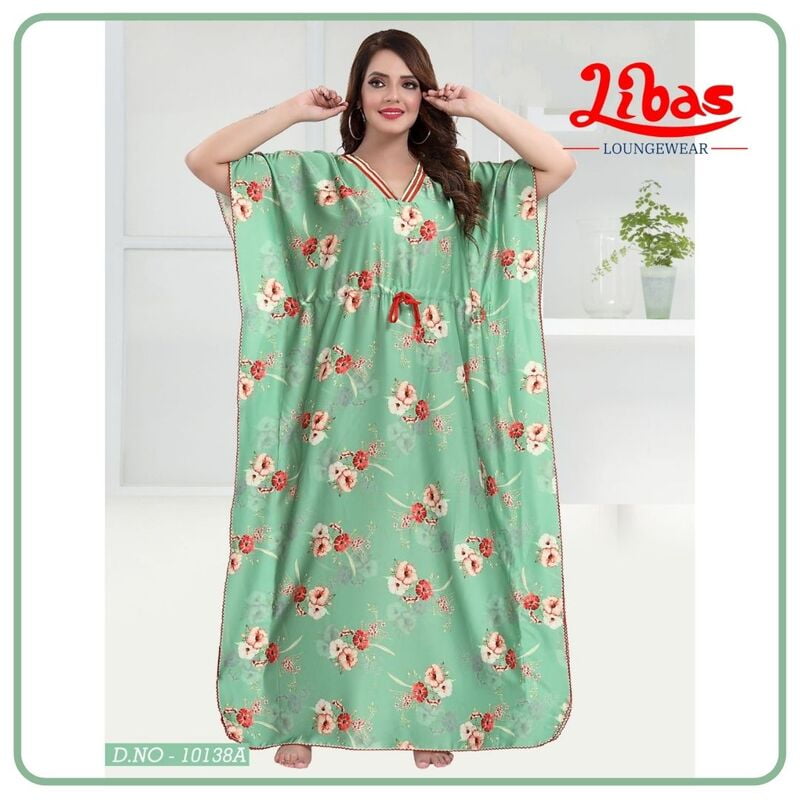 Summer Green Satin Kaftan Nighty With V-Neck & Floral Print All Over From Libas Loungewear - KF275