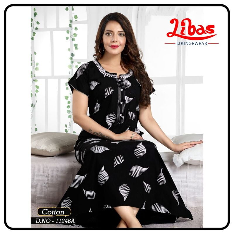 Black Russian Premium Cotton Nighty With Geometric Print All Over From Libas Loungewear- AL803