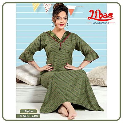 Willow Grove Green Alpine Long Sleeve Nighty With Geomeric Design From Libas Loungewear - LSN200