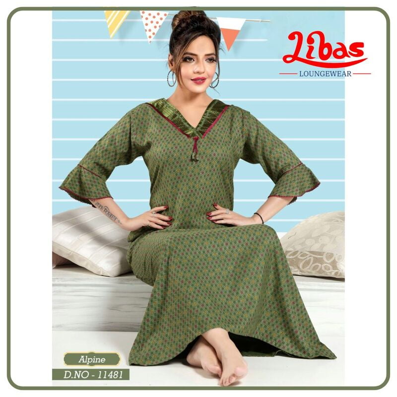 Willow Grove Green Alpine Long Sleeve Nighty With Geomeric Design From Libas Loungewear - LSN200 Willow Grove Green Alpine Long Sleeve Nighty With Geomeric Design From Libas Loungewear - LSN200