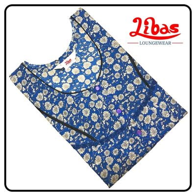 Blue cotton pleated nighty with white floral prints & button closure by libas-PLT075