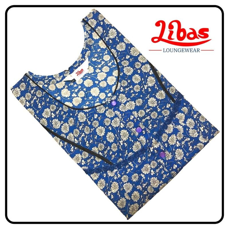 Blue cotton pleated nighty with white floral prints & button closure by libas-PLT075 Blue cotton pleated nighty with white floral prints & button closure by libas-PLT075