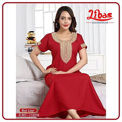 Cardinal Red Bizi Lizi Plain Embroidery Nighty From Libas Loungewear - EN133