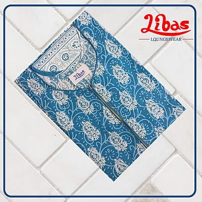 Blue Oasis Cotton Nighty With Floral Print All Over From Libas Loungewear - AL1021