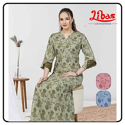 Leek Green Alpine Plus Long Sleeve Nighty With Floral Print All Over From Libas Loungewear - LSN202