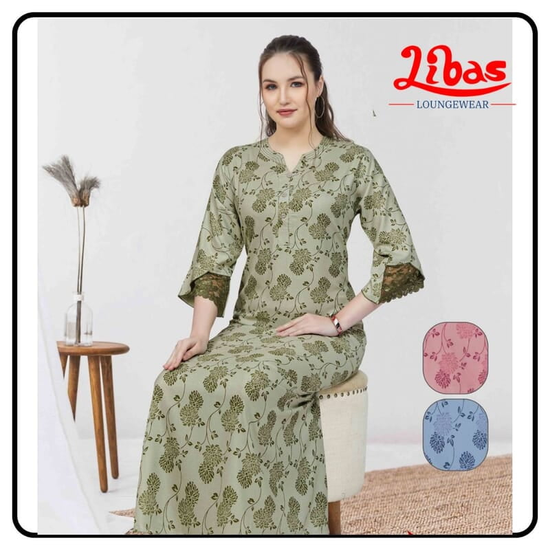 Leek Green Alpine Plus Long Sleeve Nighty With Floral Print All Over From Libas Loungewear - LSN202 Leek Green Alpine Plus Long Sleeve Nighty With Floral Print All Over From Libas Loungewear - LSN202