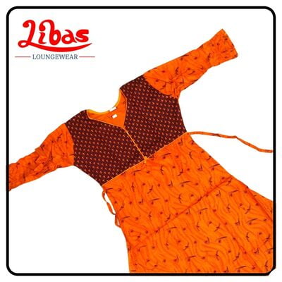 Maroon & orange cotton long sleeve nighty with geometric prints from libas loungewear-LSN100