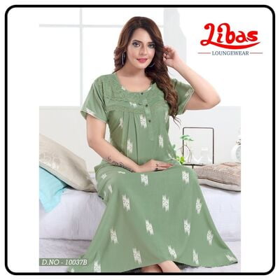 Green pleated reyon nighty in block print with button closure from libas loungewear - PLT145