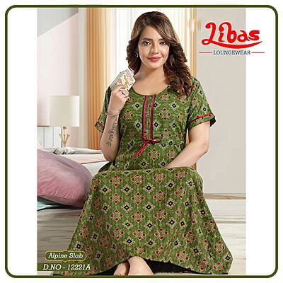 Woodland Green Alpine Slab Nighty With Classic Block Prints From Libas Loungewear - AL990