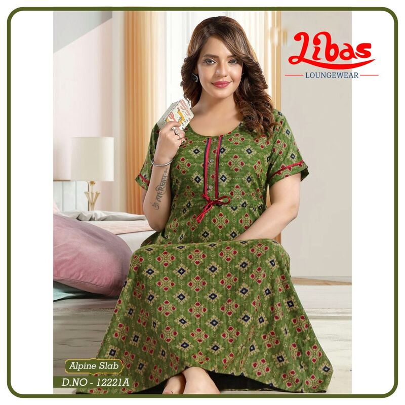 Woodland Green Alpine Slab Nighty With Classic Block Prints From Libas Loungewear - AL990 Woodland Green Alpine Slab Nighty With Classic Block Prints From Libas Loungewear - AL990