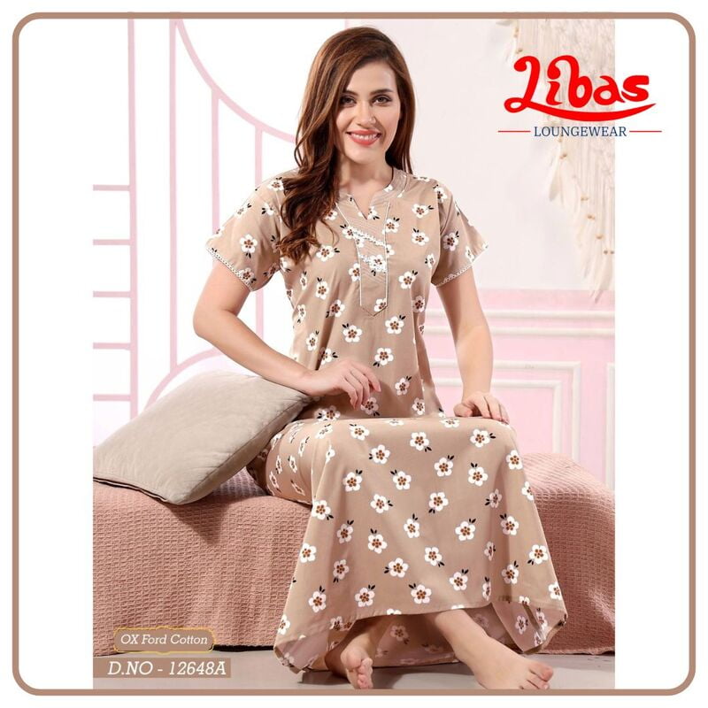 Medium Wood Oxford Cotton Nighty With Floral Print All Over From Libas Loungewear - AL998 Medium Wood Oxford Cotton Nighty With Floral Print All Over From Libas Loungewear - AL998