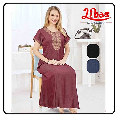 Plain Maroon soft denim Cotton Embroidery Nighty From Libas Loungewear - EN171